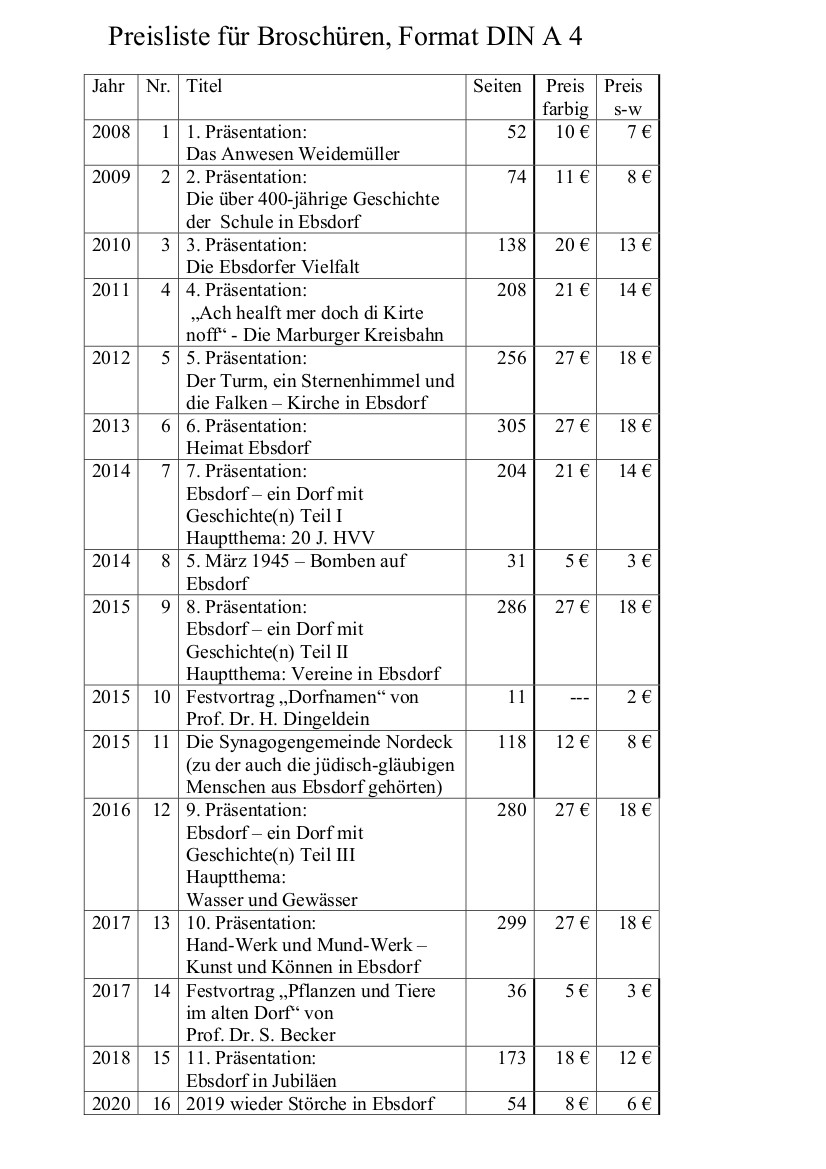 Preisliste Broschüren